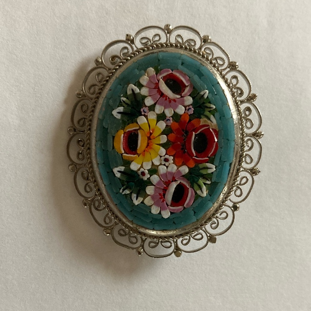Colorful Floral Mosaic Brooch with Silver Frame